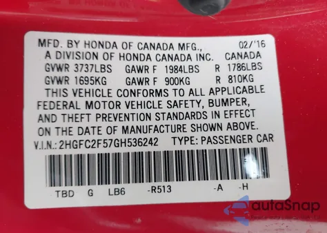2016 Honda Civic Lx z USA, uszkodzony, nr VIN 2HGFC2F57GH536242